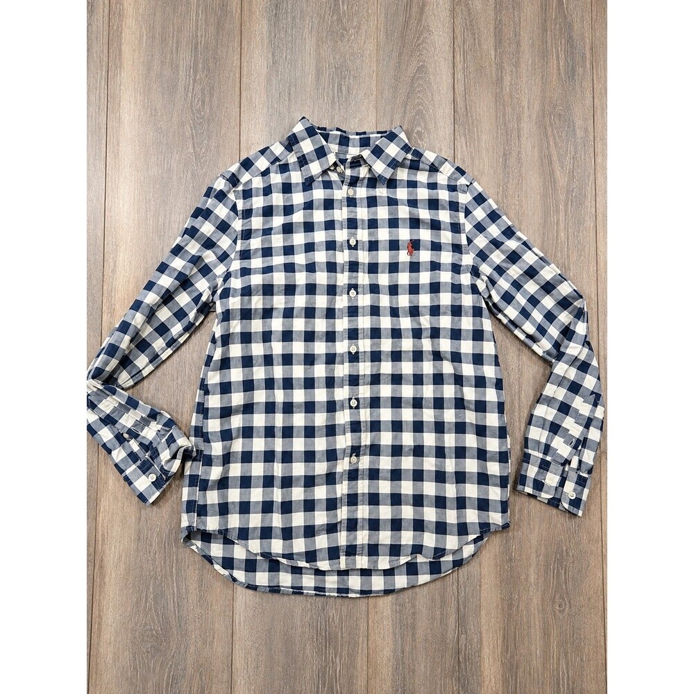 Polo Ralph Lauren Boys L 14-16 Gingham Shirt Navy White Long Sleeve Pony